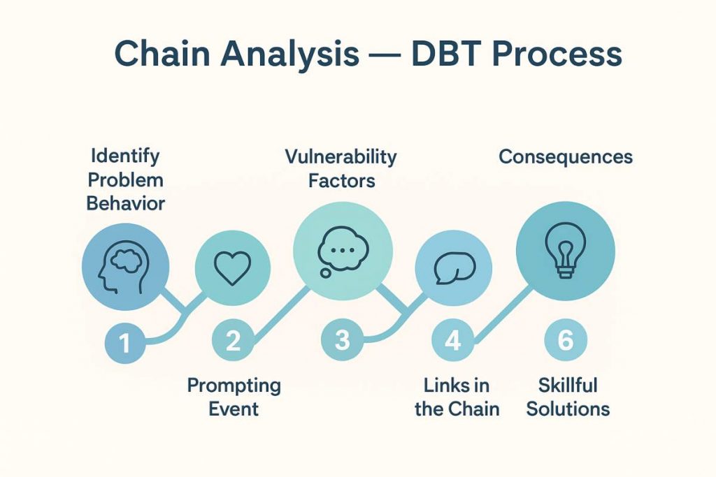Six stages of chain analysis in DBT shown step by step.